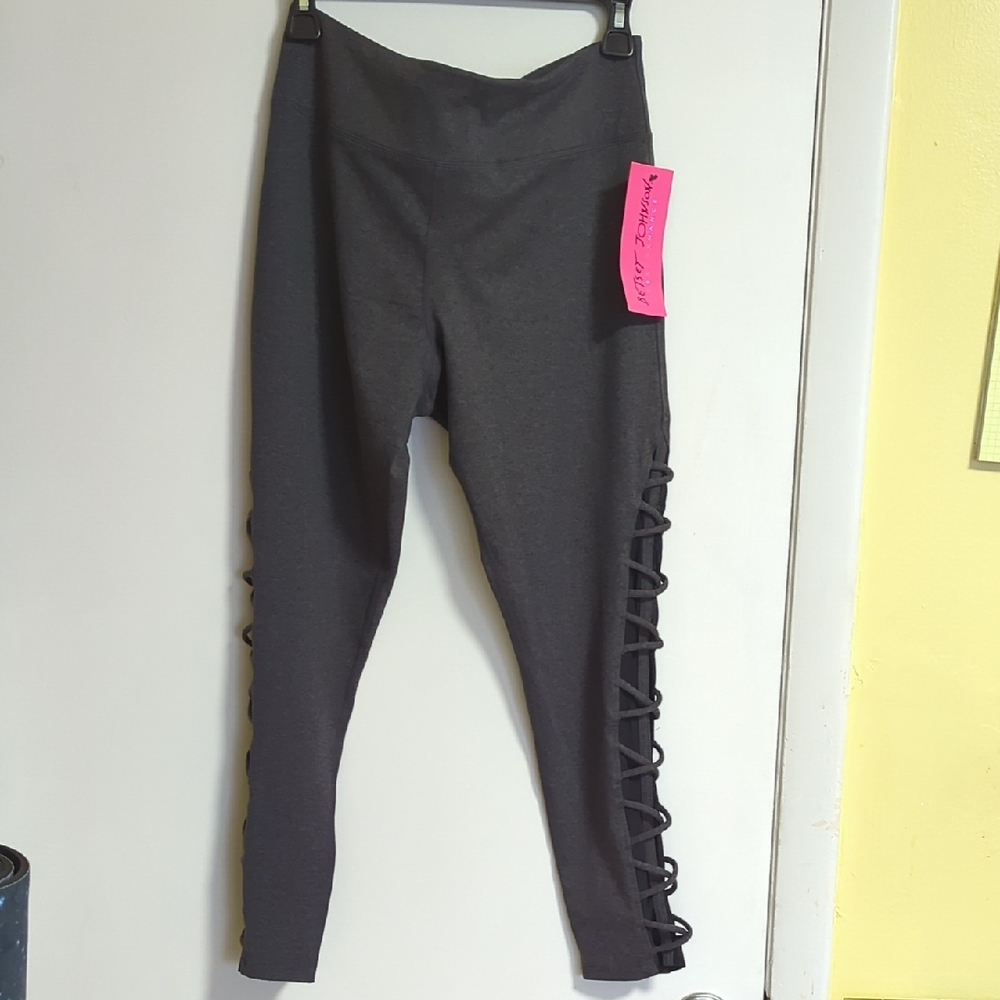 Betsey Johnson Performance Dark Gray Mesh, Criss- Cross Detail Leggings Size XL